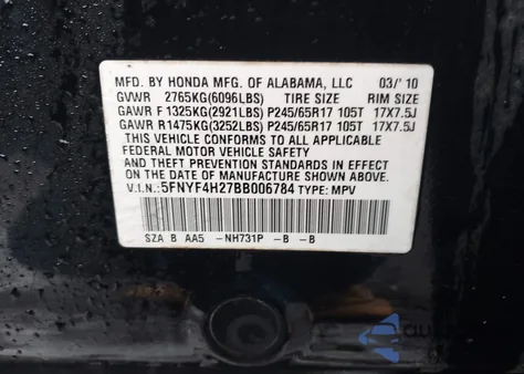 2011 Honda Pilot Lx z USA, uszkodzony, nr VIN 5FNYF4H27BB006784